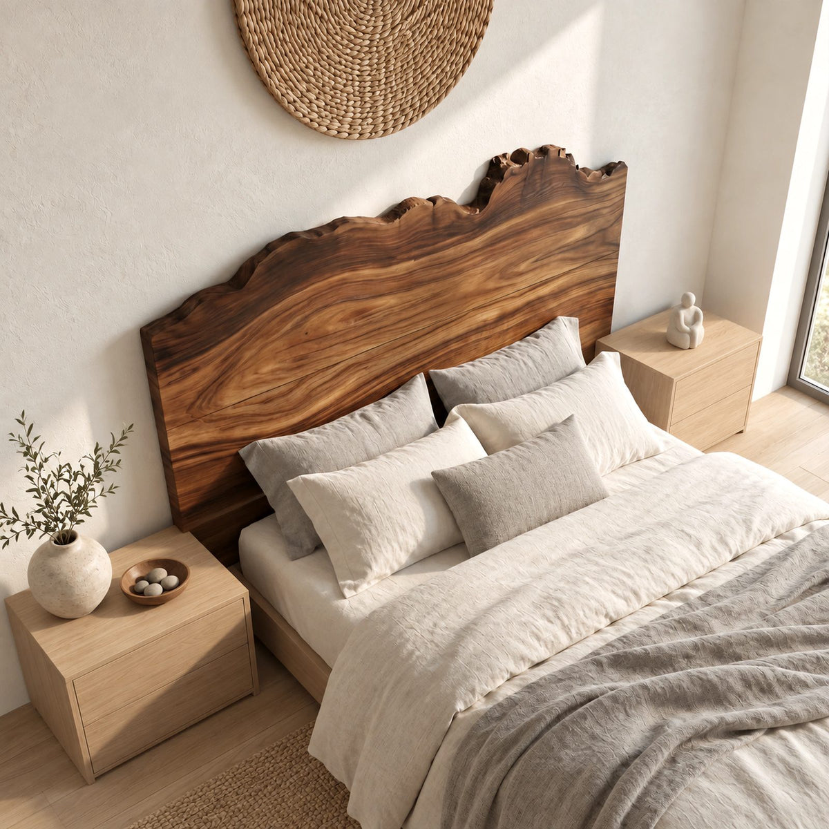 Organic Tall Live Edge Headboard With Rolling Wood Grain For Bedroom