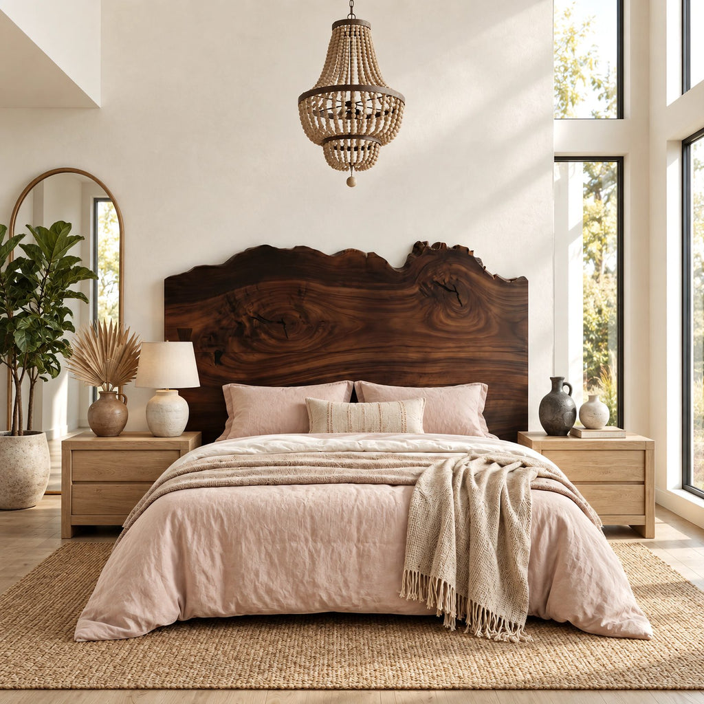 Organic Tall Live Edge Headboard With Rolling Wood Grain For Bedroom