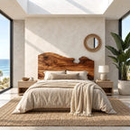 Coastal Live Edge Wood Headboard With Notched Top Edge For Bedroom