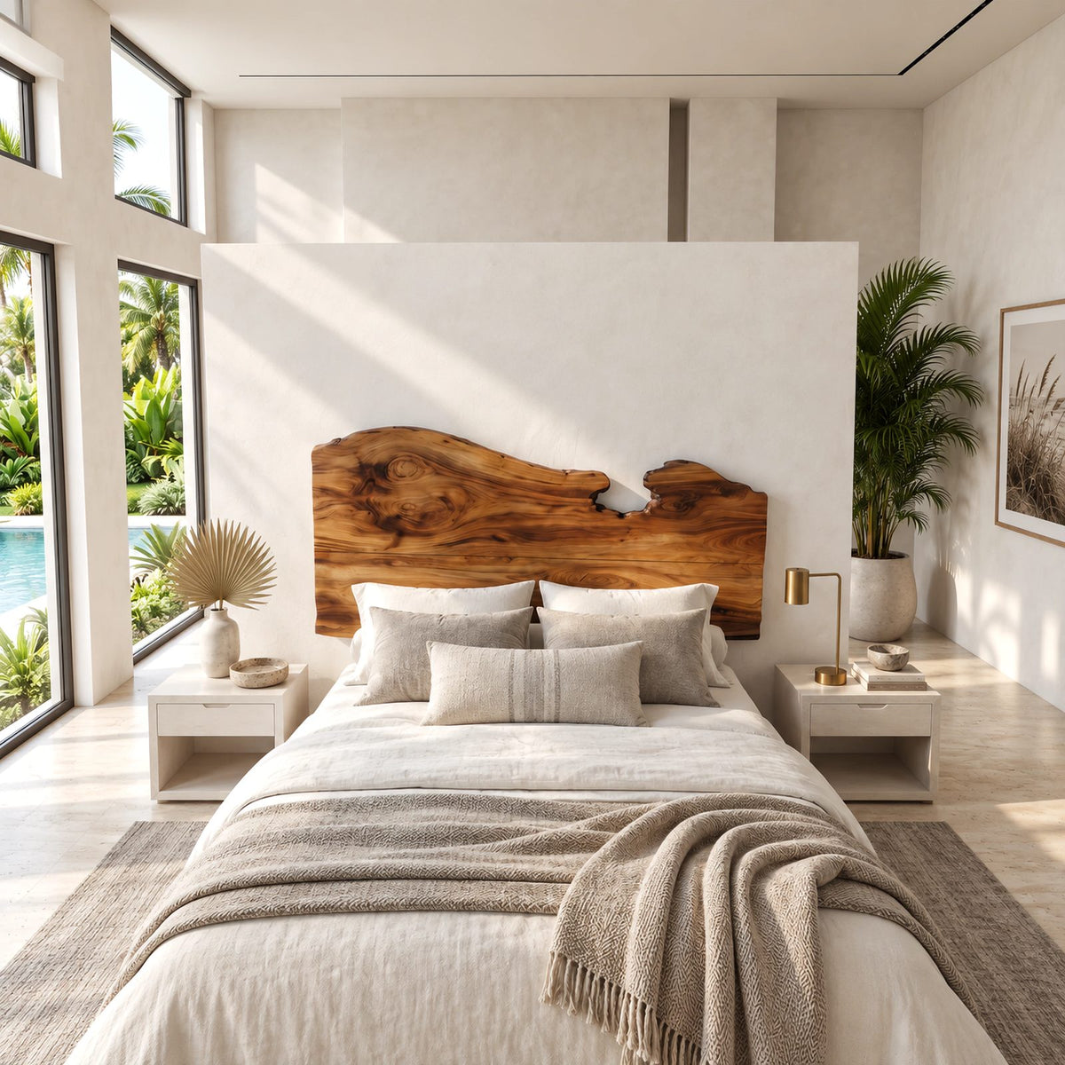 Coastal Live Edge Wood Headboard With Notched Top Edge For Bedroom