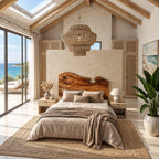 Coastal Live Edge Wood Headboard With Notched Top Edge For Bedroom