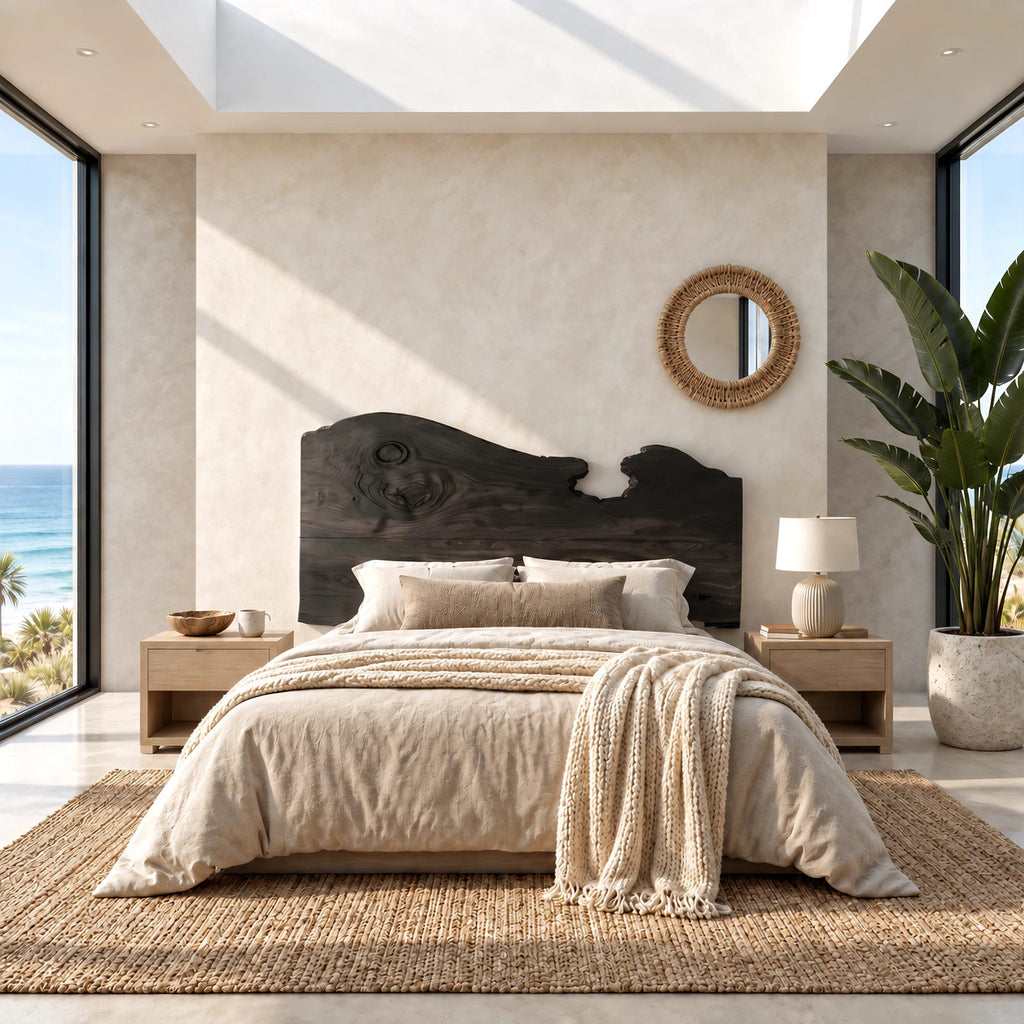 Coastal Live Edge Wood Headboard With Notched Top Edge For Bedroom