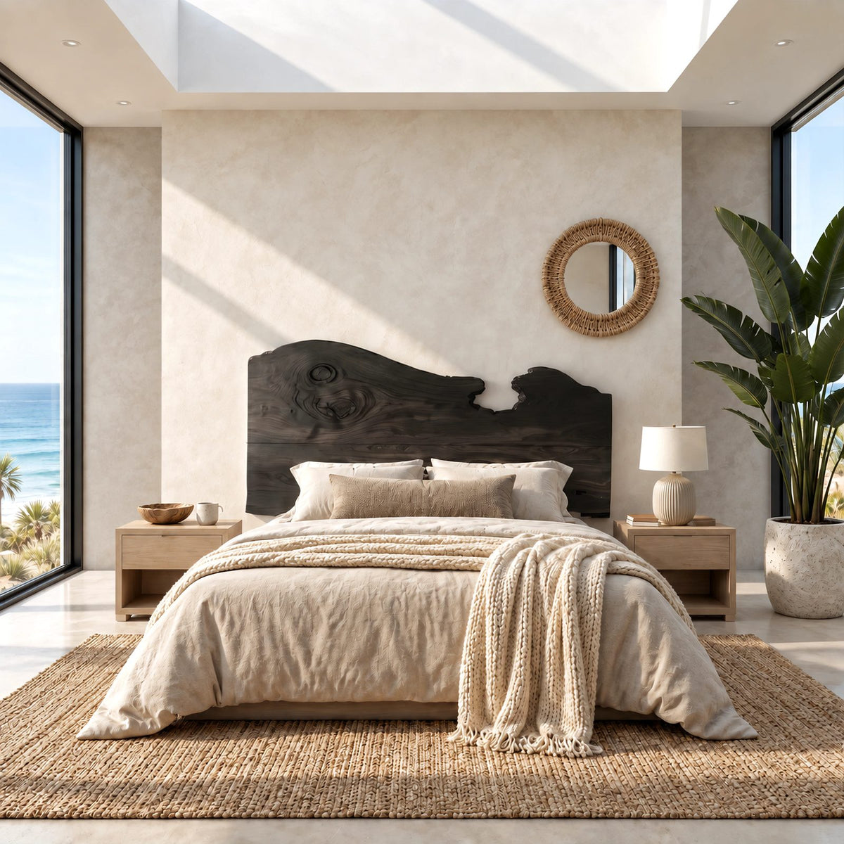 Coastal Live Edge Wood Headboard With Notched Top Edge For Bedroom