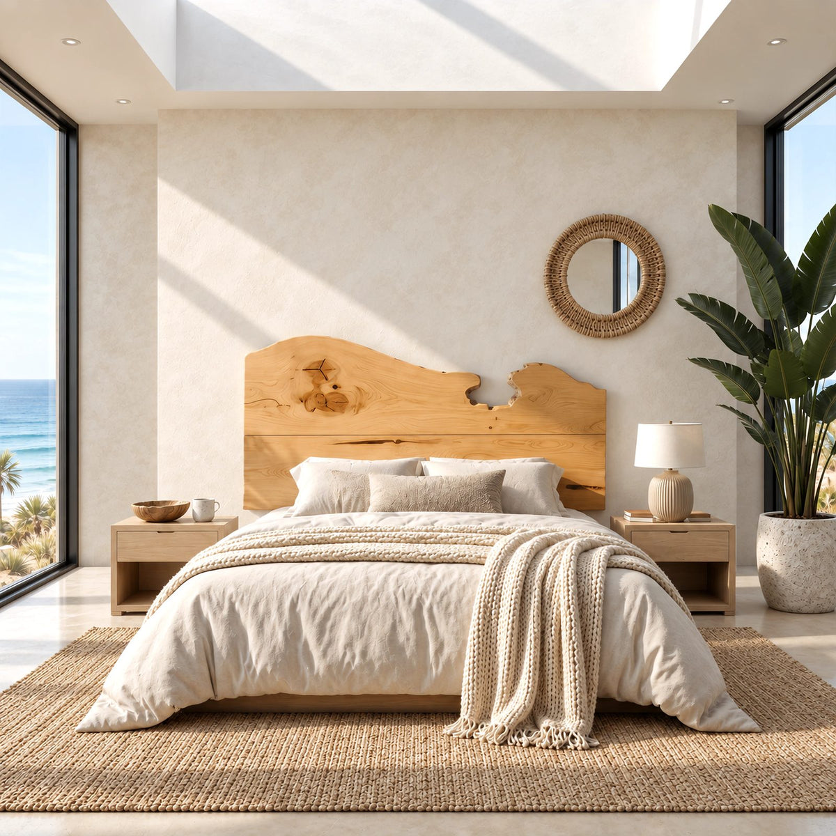 Coastal Live Edge Wood Headboard With Notched Top Edge For Bedroom