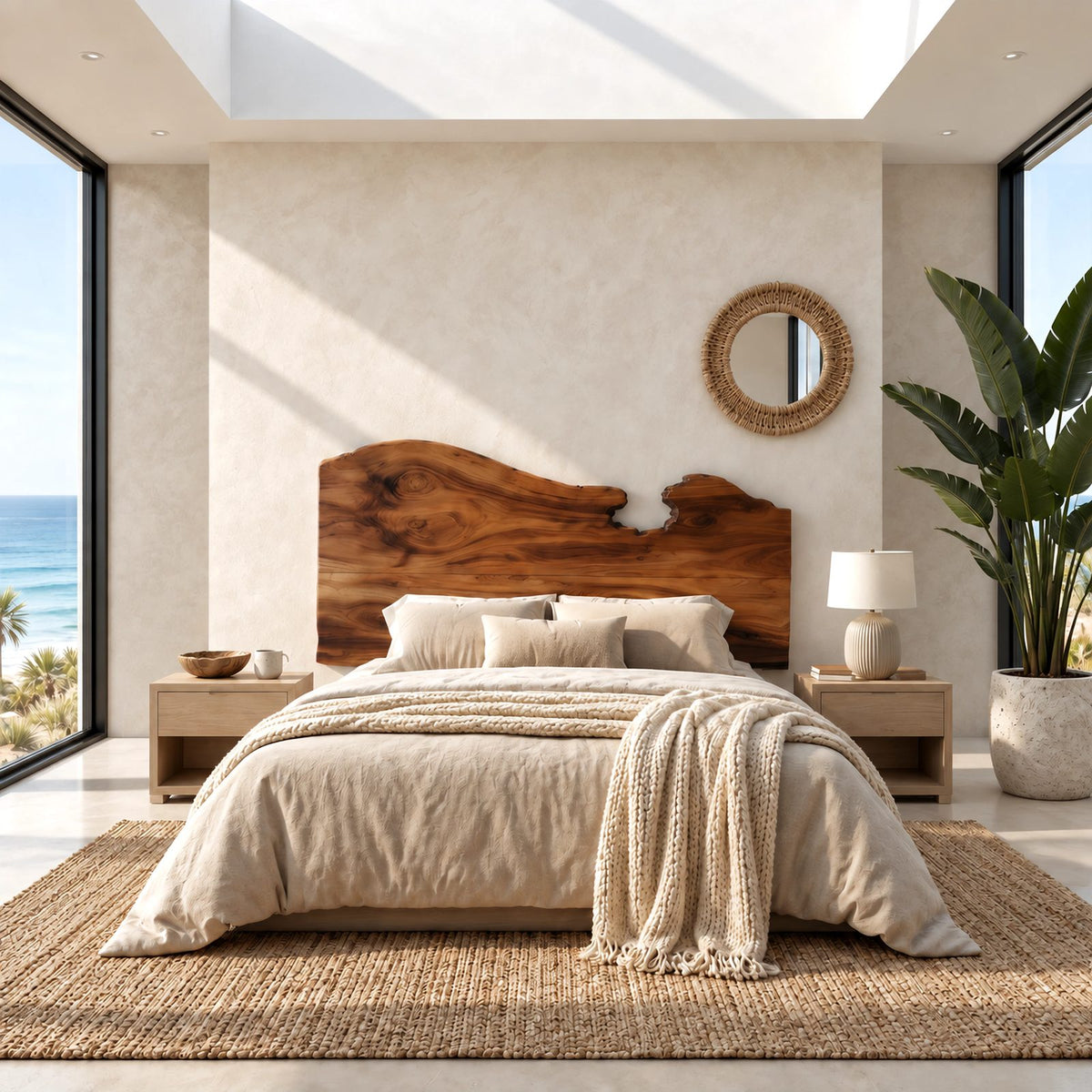 Coastal Live Edge Wood Headboard With Notched Top Edge For Bedroom