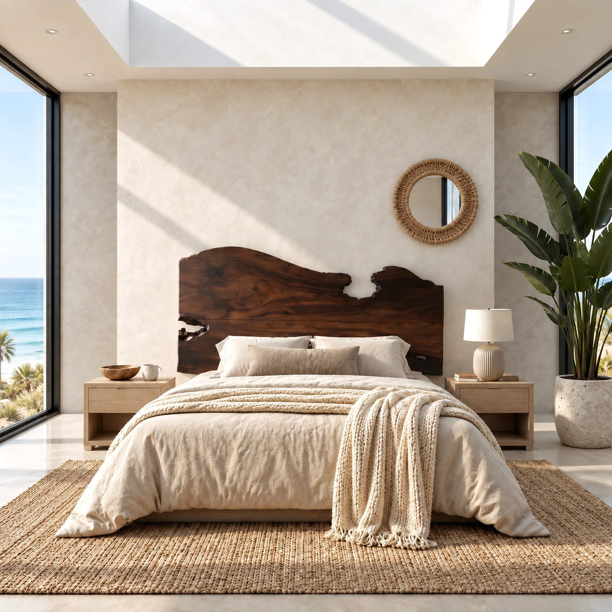 Coastal Live Edge Wood Headboard With Notched Top Edge For Bedroom