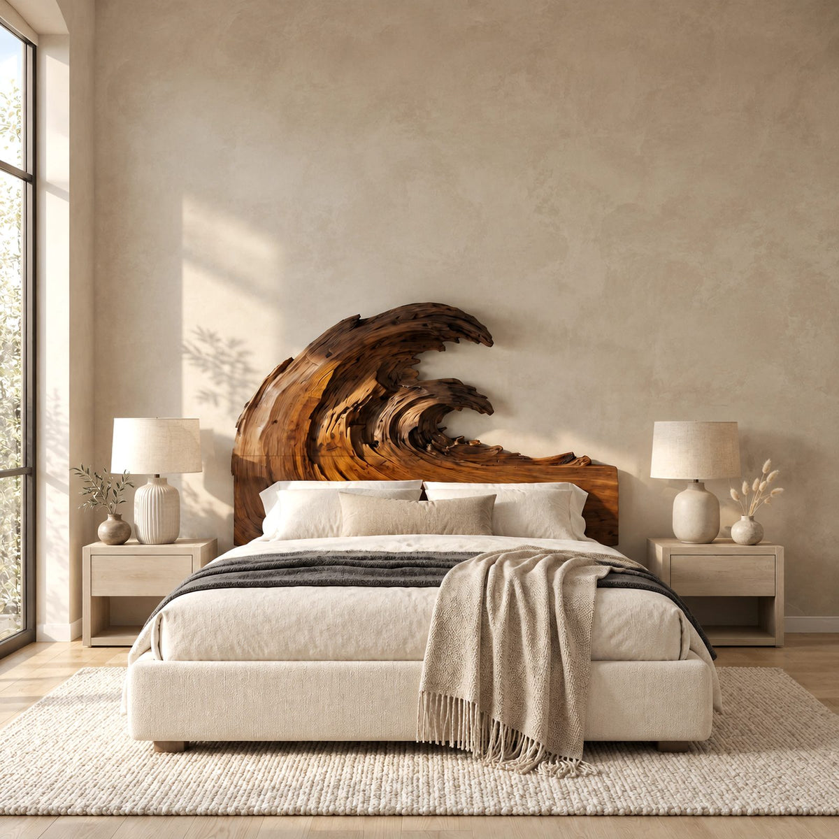 Artisan Carved Ocean Wave Wooden Headboard With Sculpted Crest For Bedroom