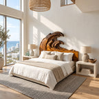 Artisan Carved Ocean Wave Wooden Headboard With Sculpted Crest For Bedroom