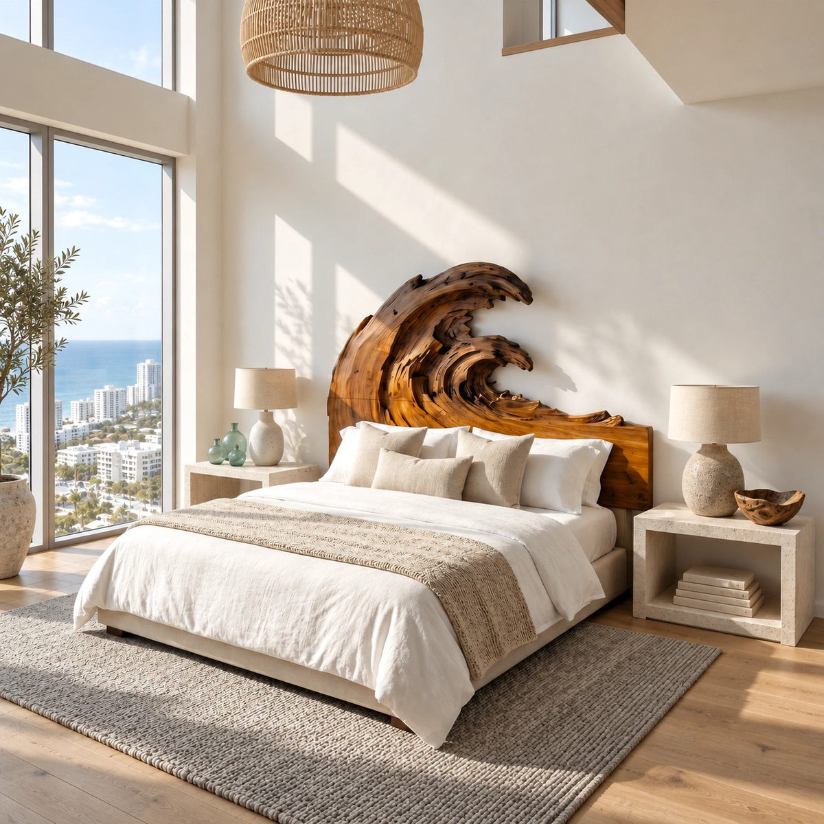 Artisan Carved Ocean Wave Wooden Headboard With Sculpted Crest For Bedroom
