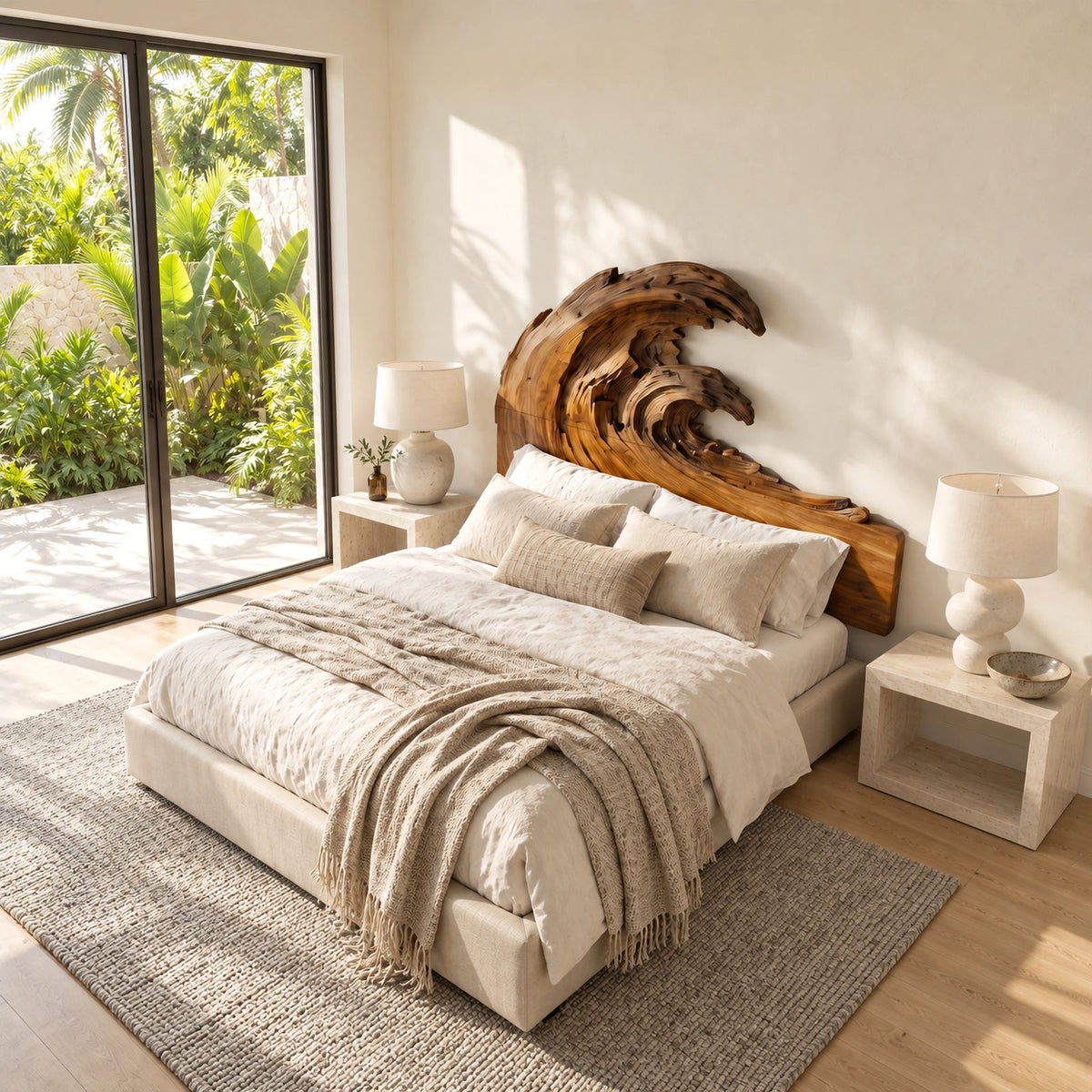 Artisan Carved Ocean Wave Wooden Headboard With Sculpted Crest For Bedroom
