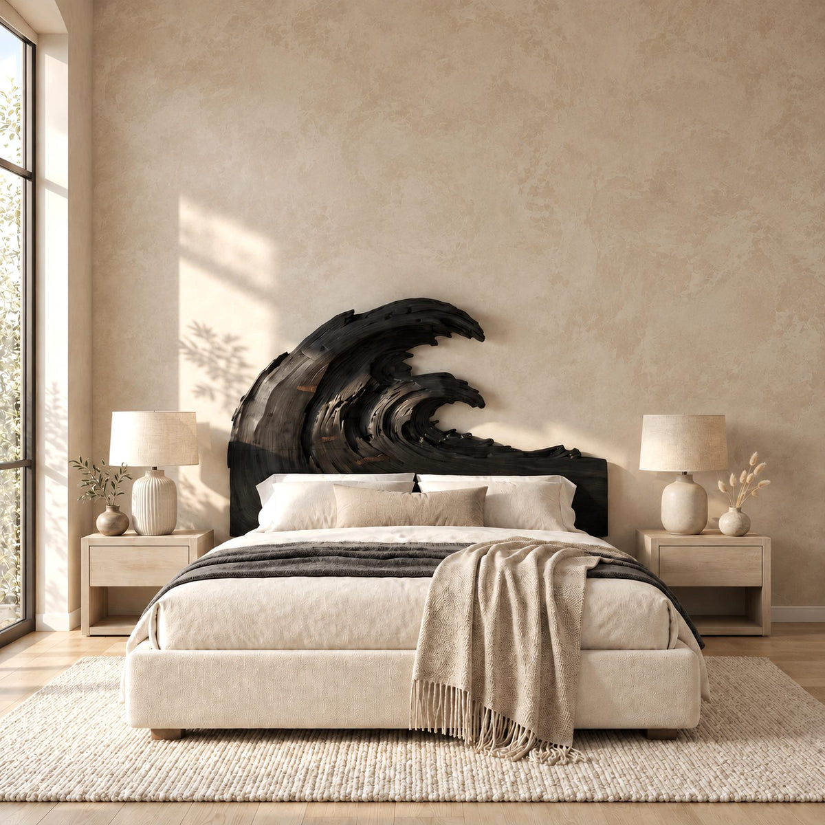 Artisan Carved Ocean Wave Wooden Headboard With Sculpted Crest For Bedroom