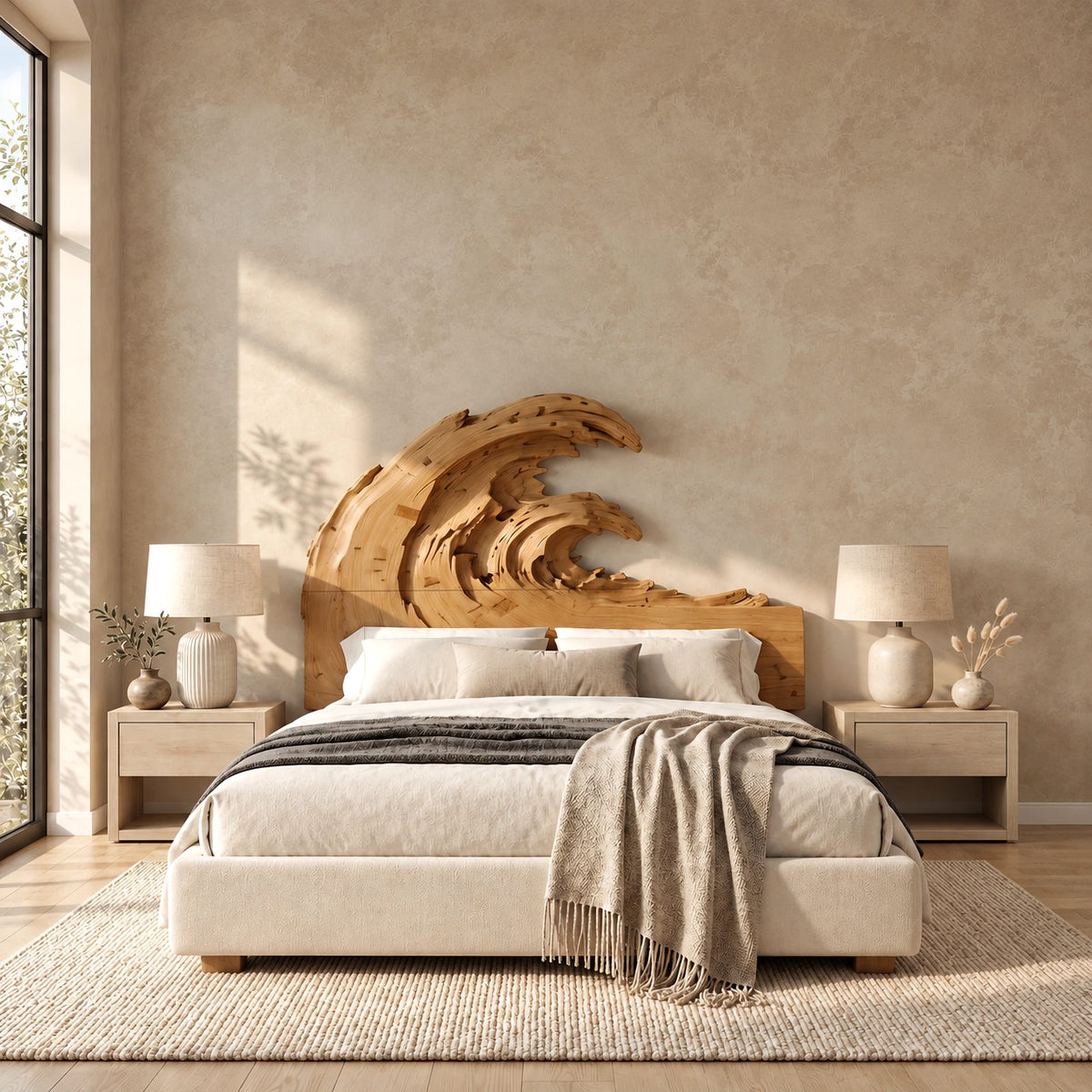 Artisan Carved Ocean Wave Wooden Headboard With Sculpted Crest For Bedroom