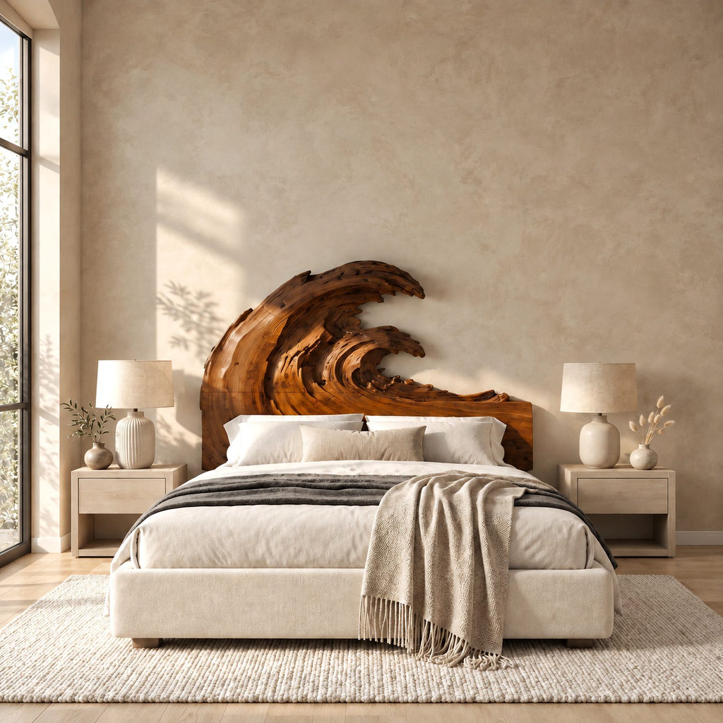 Artisan Carved Ocean Wave Wooden Headboard With Sculpted Crest For Bedroom