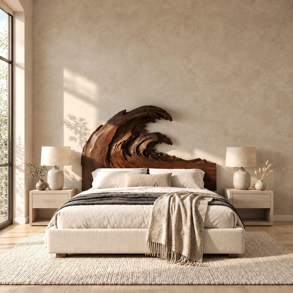 Artisan Carved Ocean Wave Wooden Headboard With Sculpted Crest For Bedroom