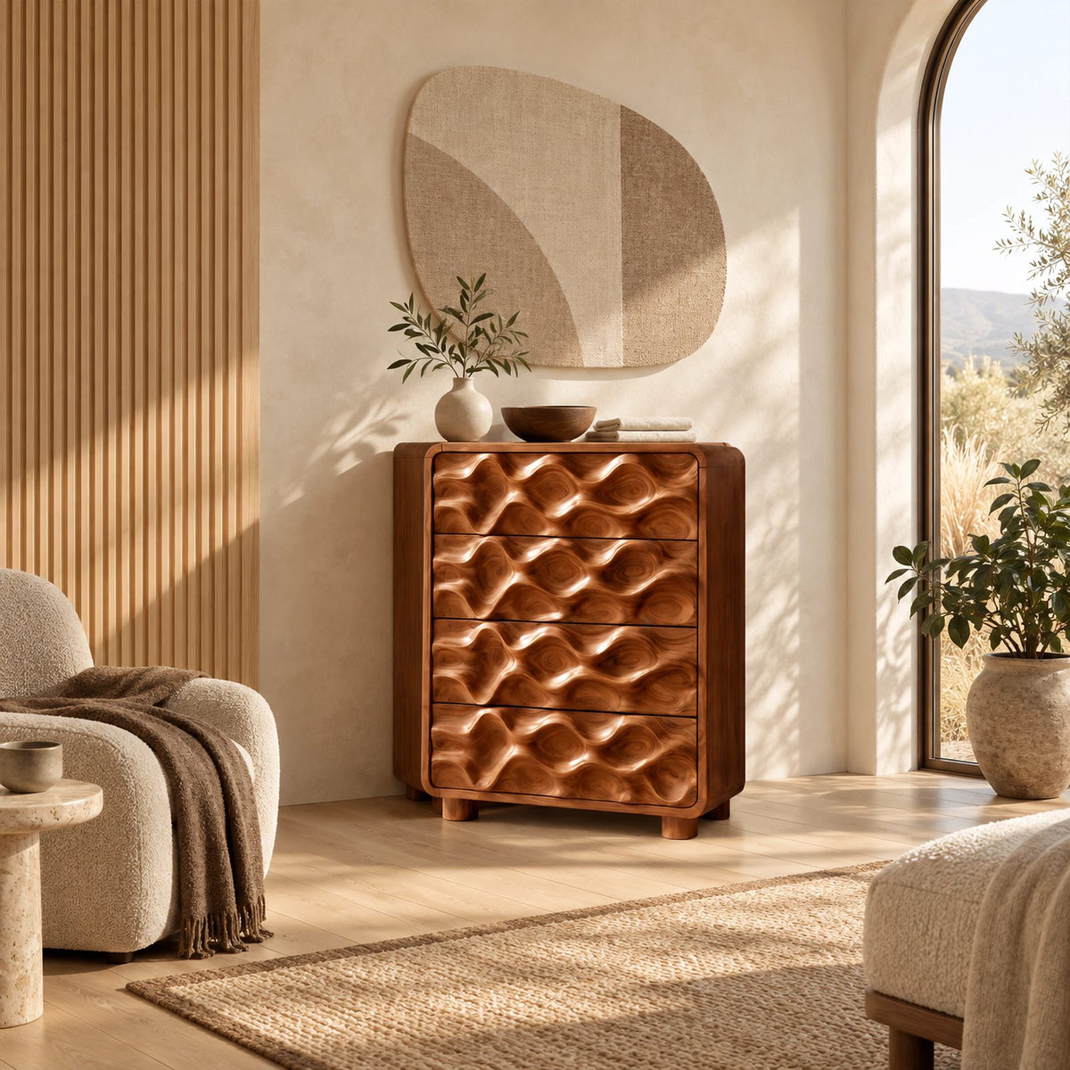 Artisan Tall Solid Wood Chest Of Drawers With 3D Wave Carving For Bedroom