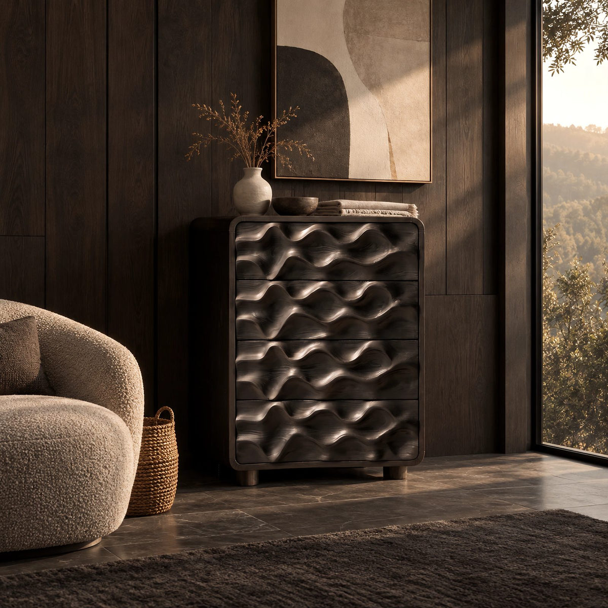 Artisan Tall Solid Wood Chest Of Drawers With 3D Wave Carving For Bedroom