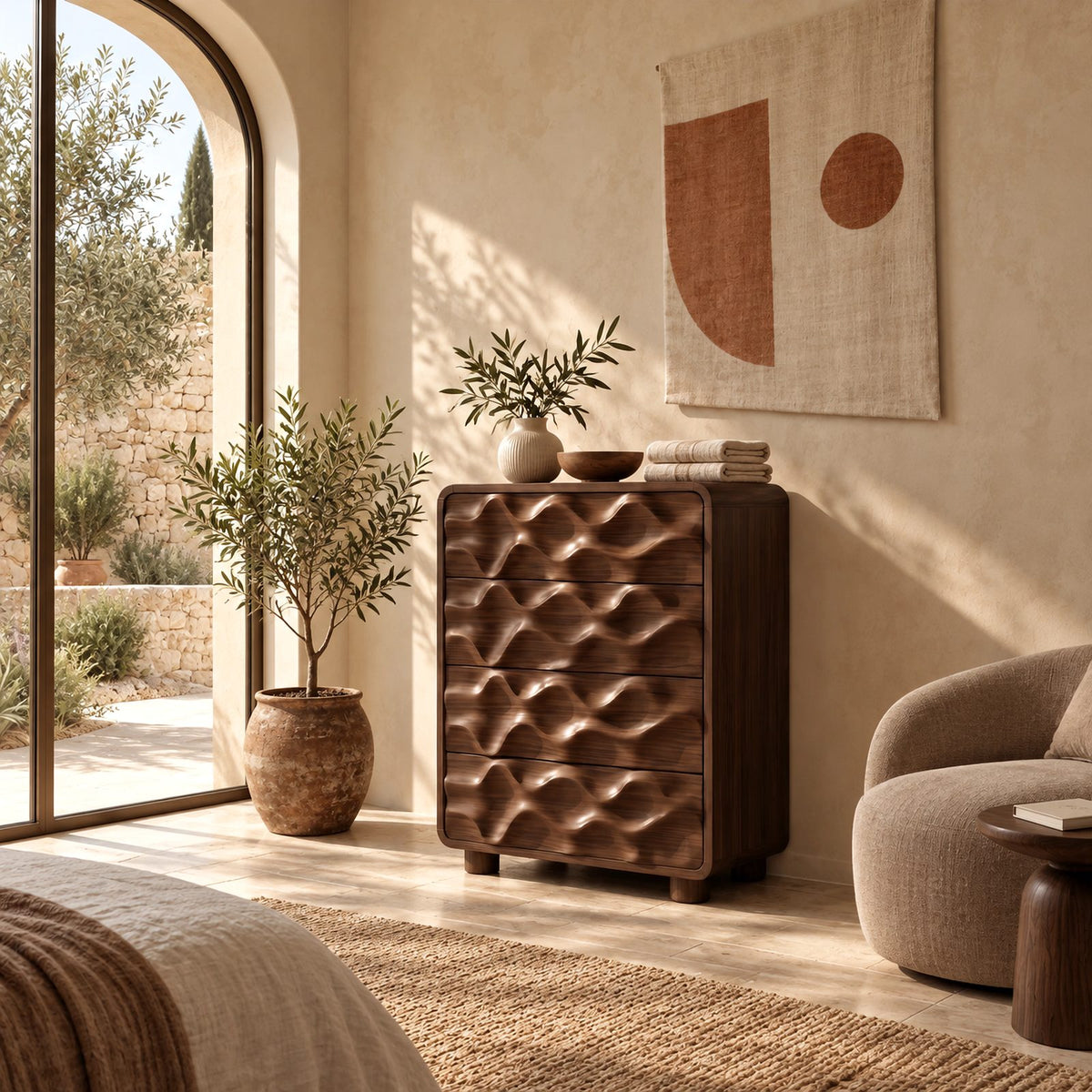 Artisan Tall Solid Wood Chest Of Drawers With 3D Wave Carving For Bedroom