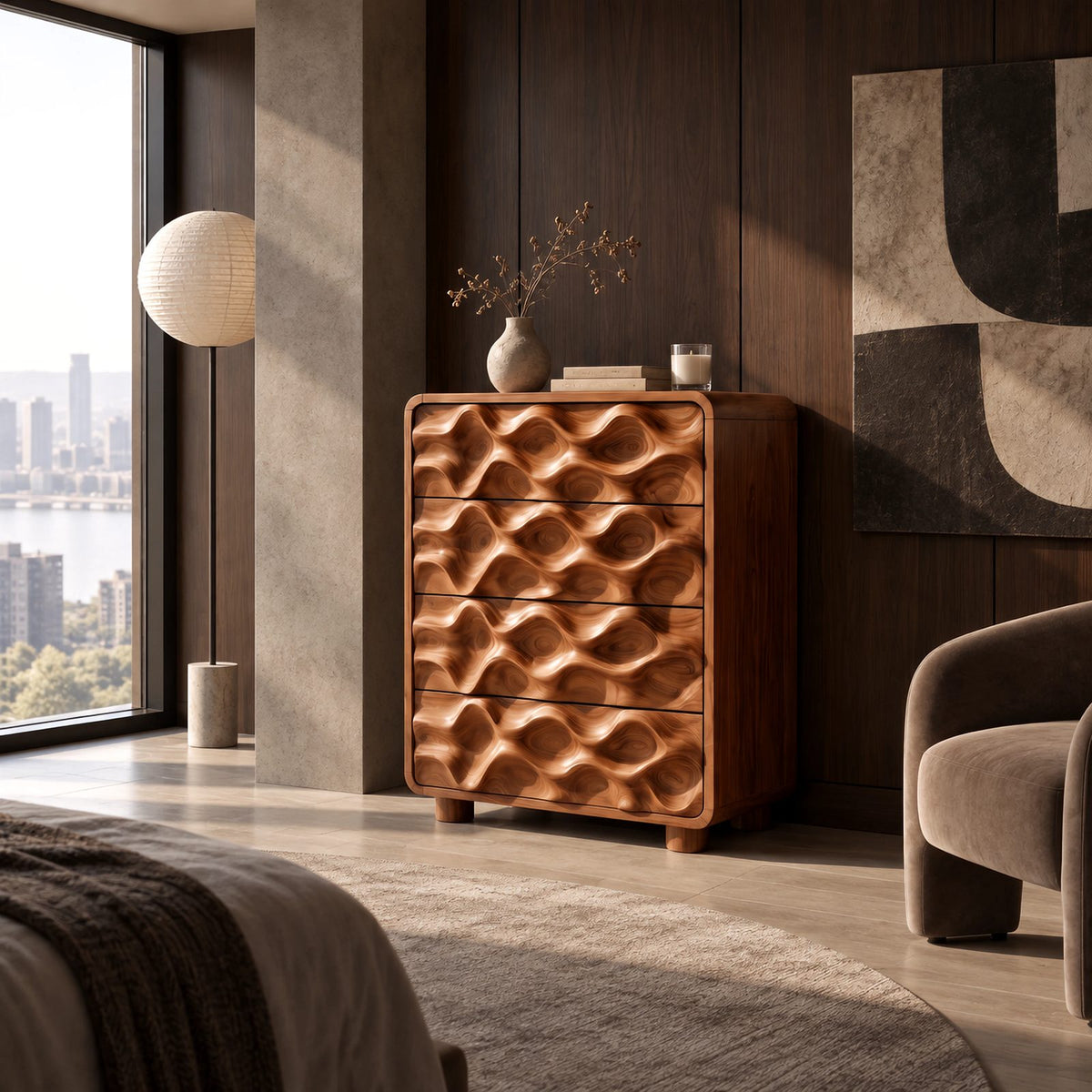 Artisan Tall Solid Wood Chest Of Drawers With 3D Wave Carving For Bedroom