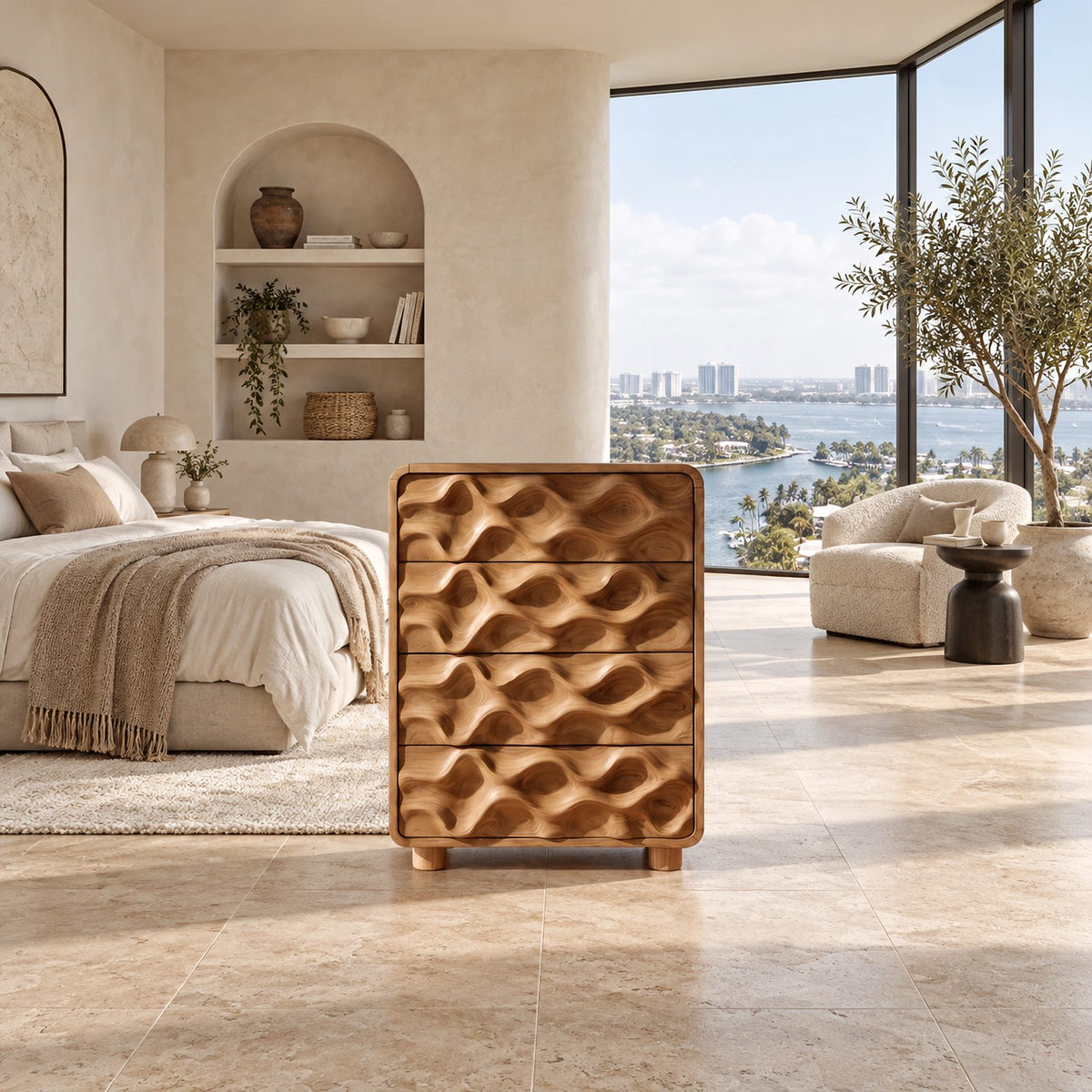 Artisan Tall Solid Wood Chest Of Drawers With 3D Wave Carving For Bedroom