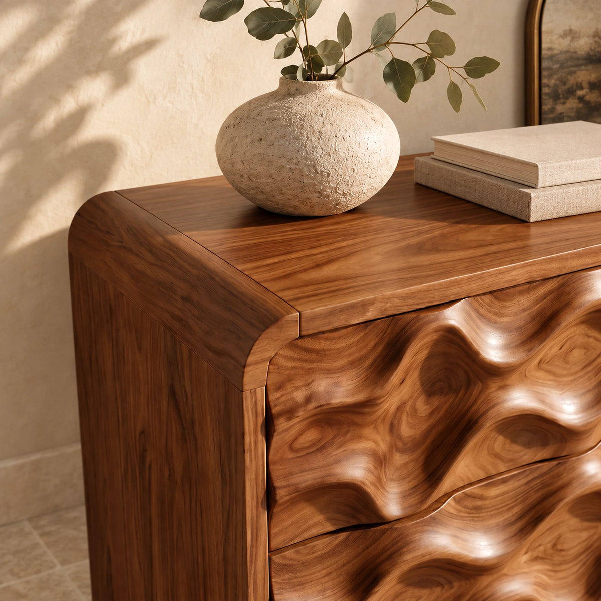 Artisan Tall Solid Wood Chest Of Drawers With 3D Wave Carving For Bedroom