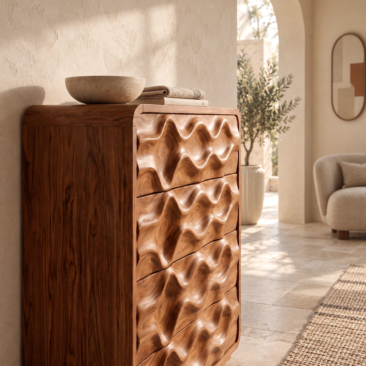 Artisan Tall Solid Wood Chest Of Drawers With 3D Wave Carving For Bedroom