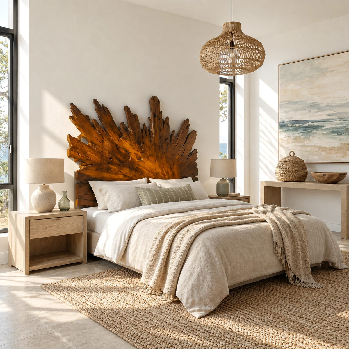 Boho Sunburst Wooden Headboard With Carved Radiating Rays For Bedroom
