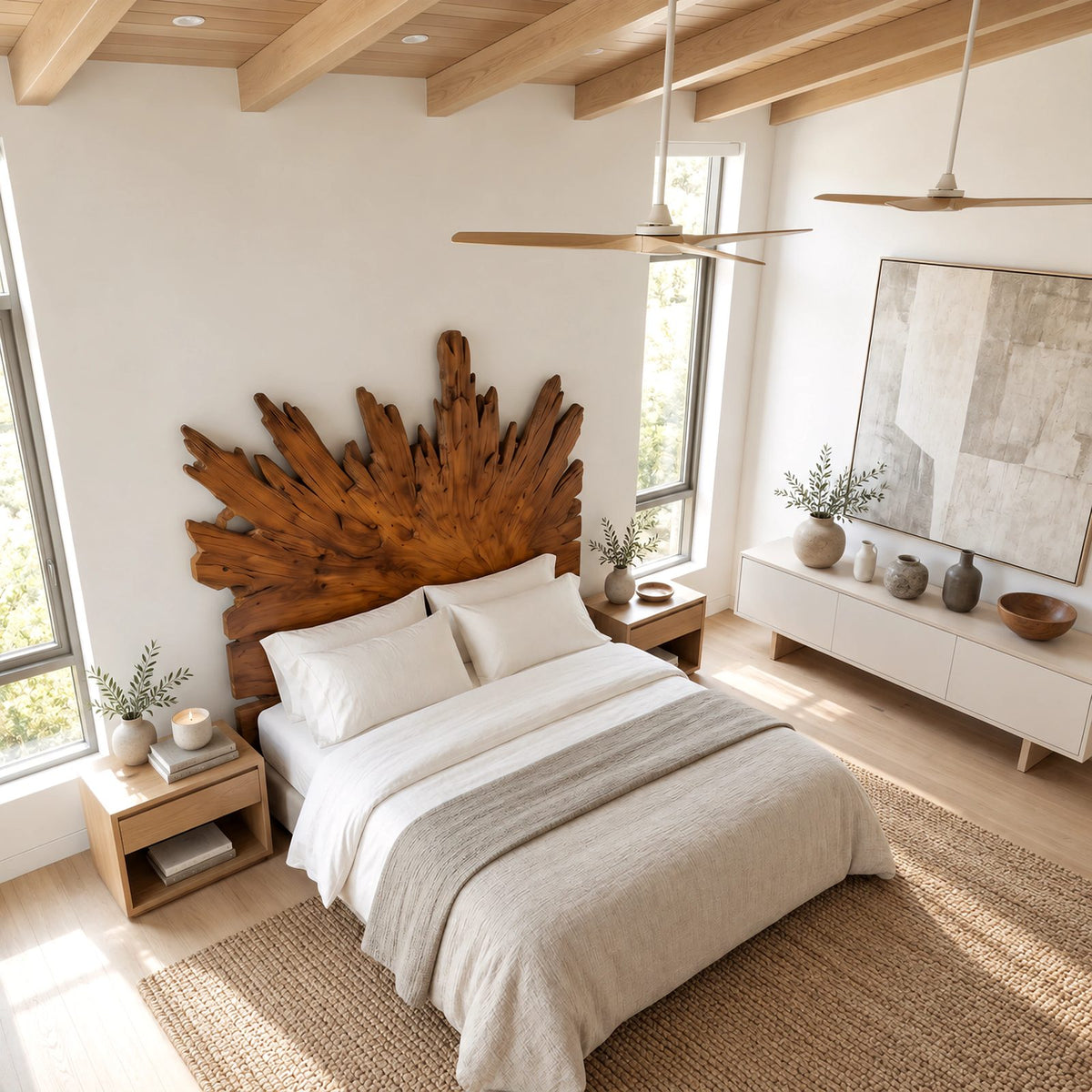 Boho Sunburst Wooden Headboard With Carved Radiating Rays For Bedroom