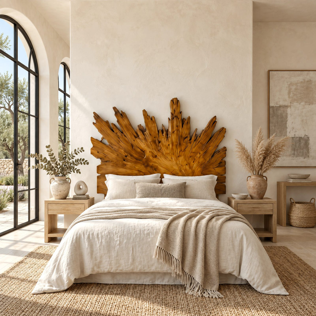 Boho Sunburst Wooden Headboard With Carved Radiating Rays For Bedroom