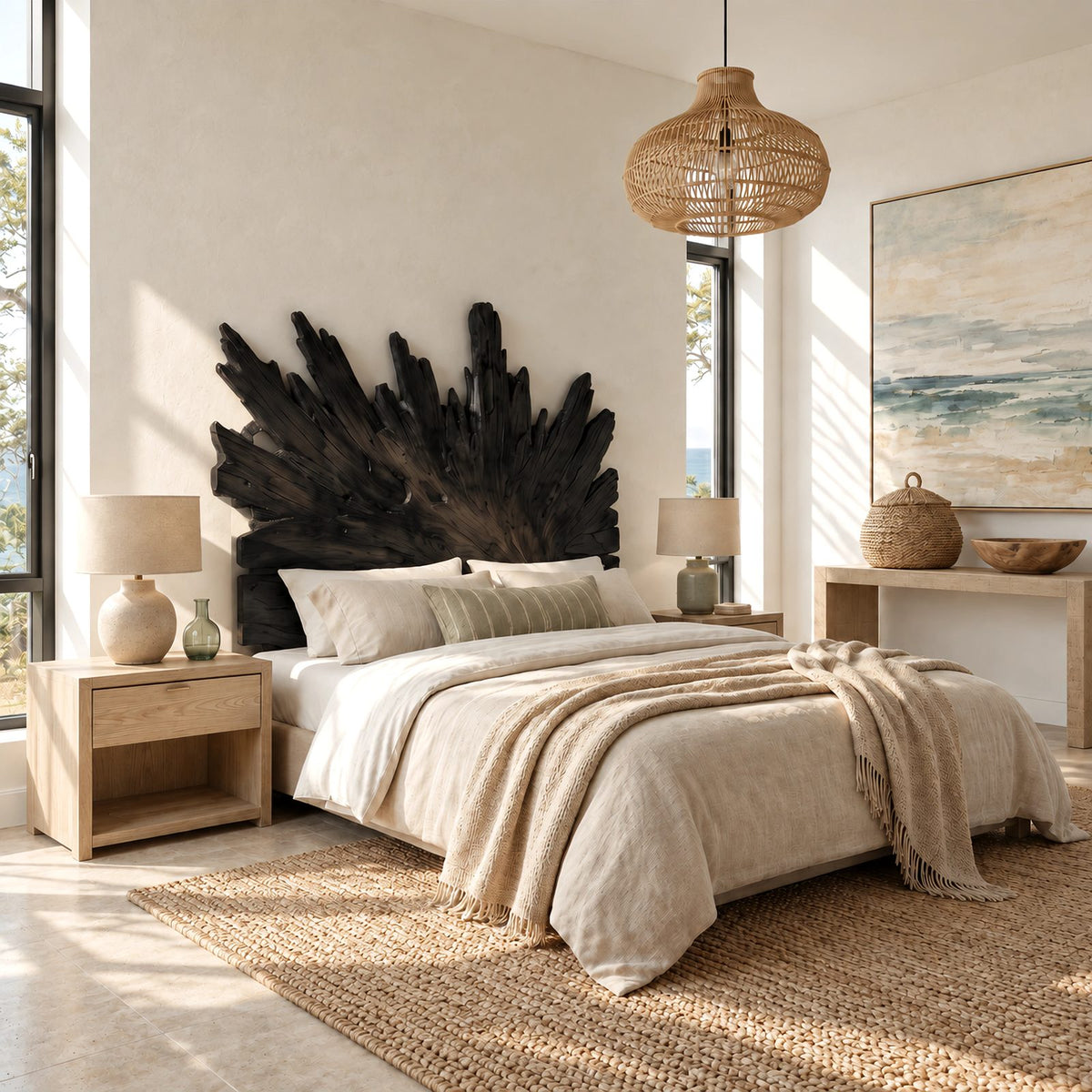 Boho Sunburst Wooden Headboard With Carved Radiating Rays For Bedroom