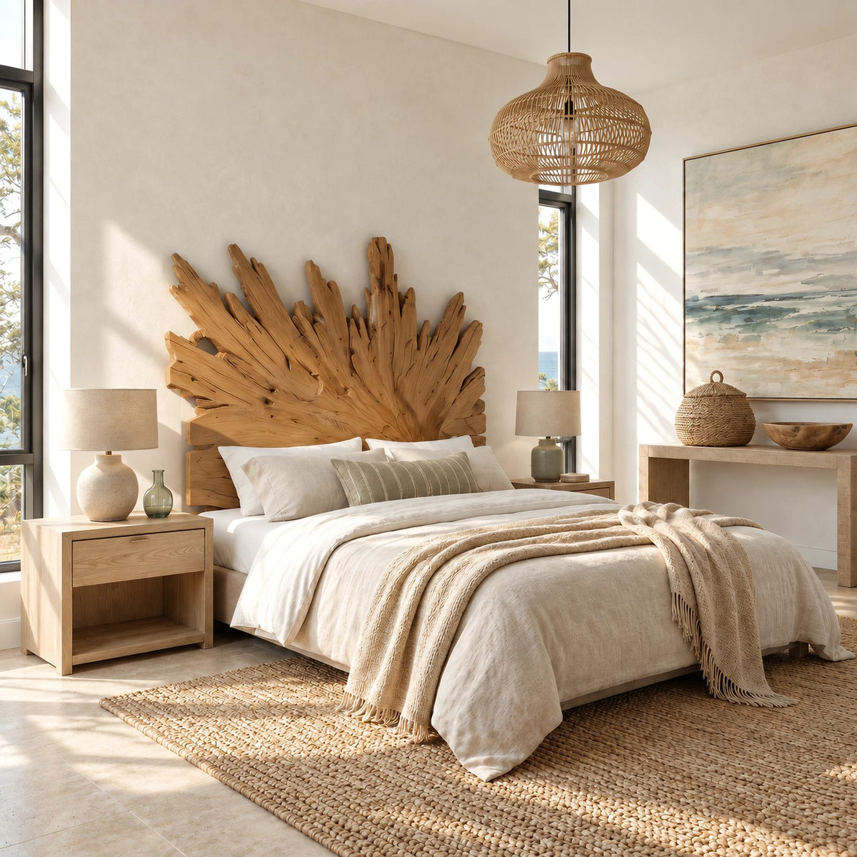 Boho Sunburst Wooden Headboard With Carved Radiating Rays For Bedroom