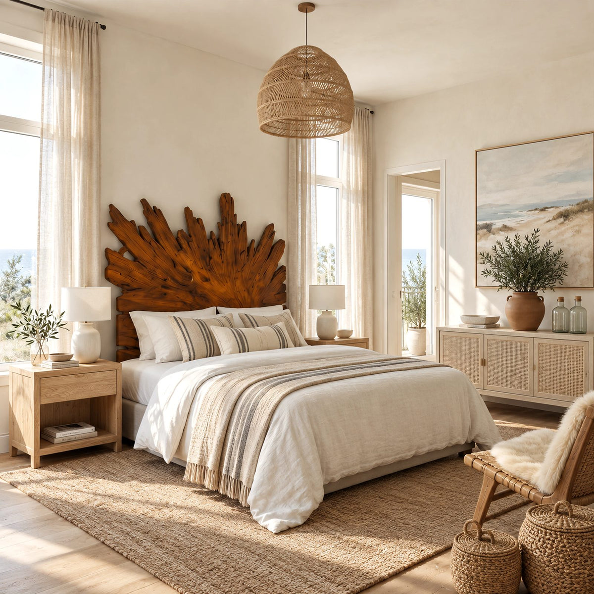 Boho Sunburst Wooden Headboard With Carved Radiating Rays For Bedroom