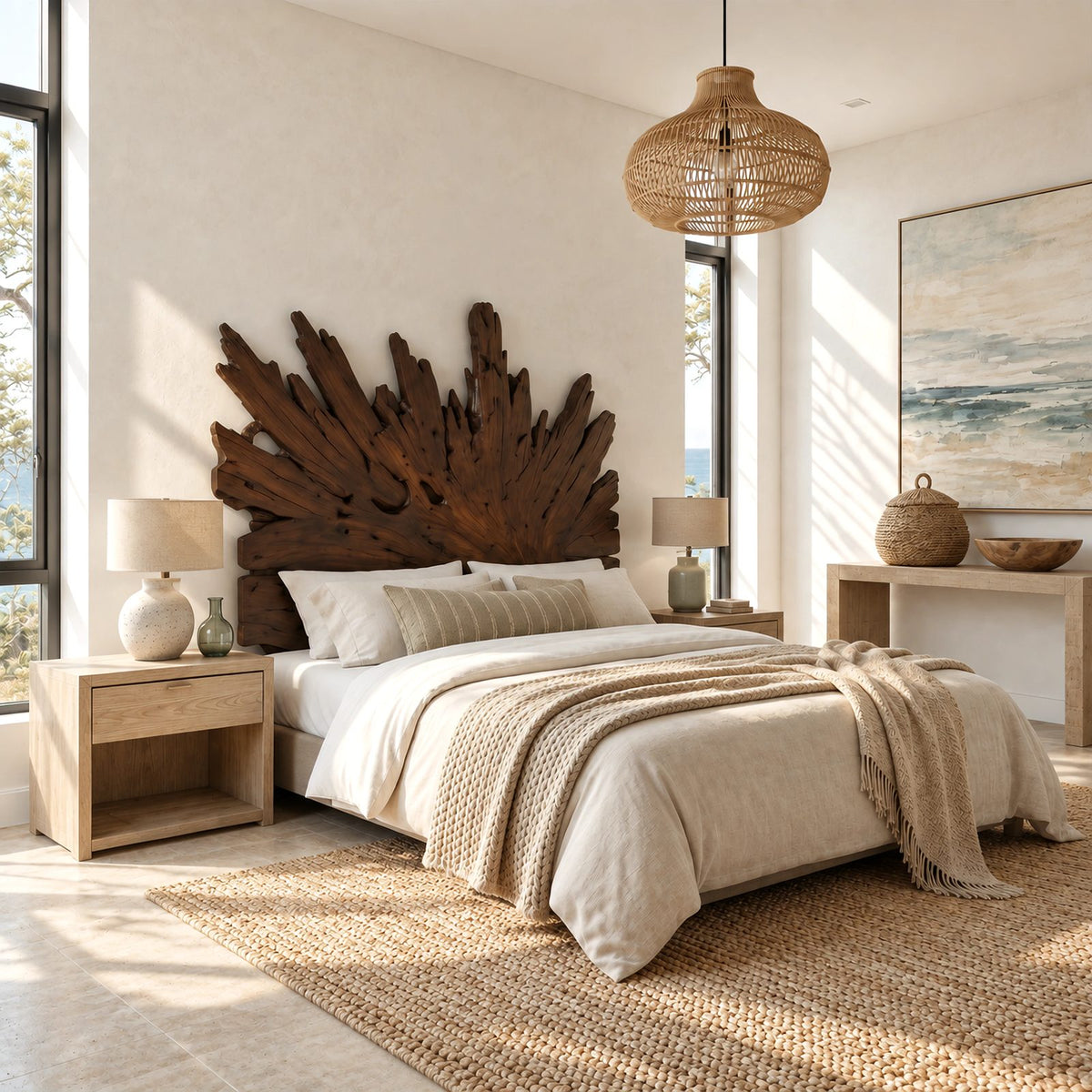 Boho Sunburst Wooden Headboard With Carved Radiating Rays For Bedroom