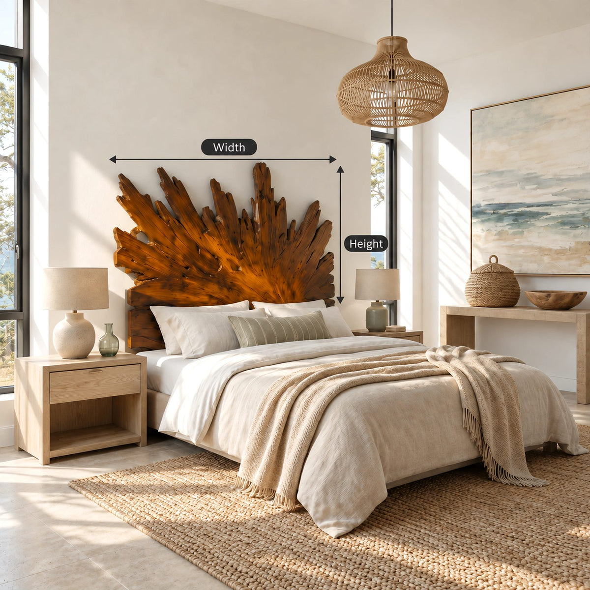 Boho Sunburst Wooden Headboard With Carved Radiating Rays For Bedroom