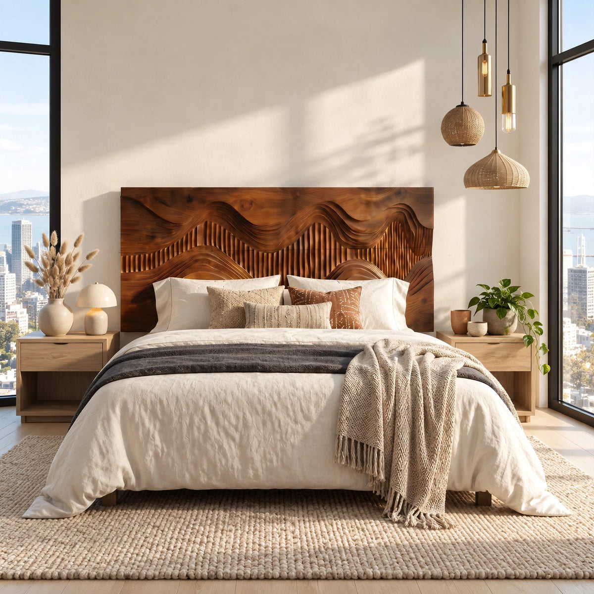 Contemporary Landscape Wooden Headboard With Fluted Hill Relief For Bedroom