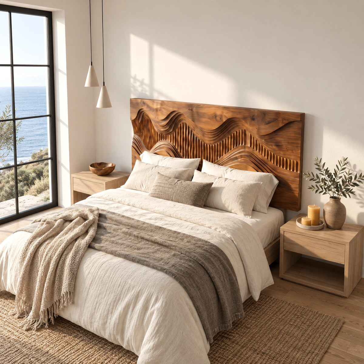 Contemporary Landscape Wooden Headboard With Fluted Hill Relief For Bedroom