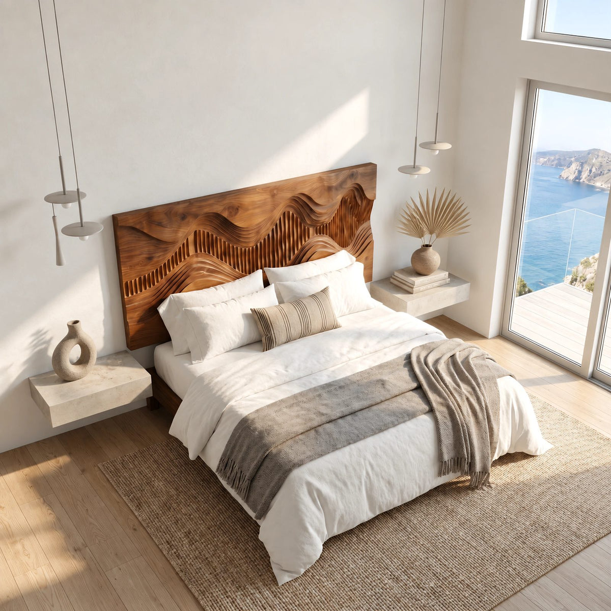 Contemporary Landscape Wooden Headboard With Fluted Hill Relief For Bedroom