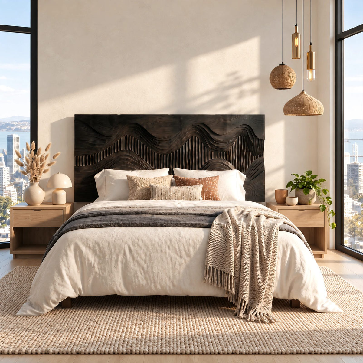 Contemporary Landscape Wooden Headboard With Fluted Hill Relief For Bedroom