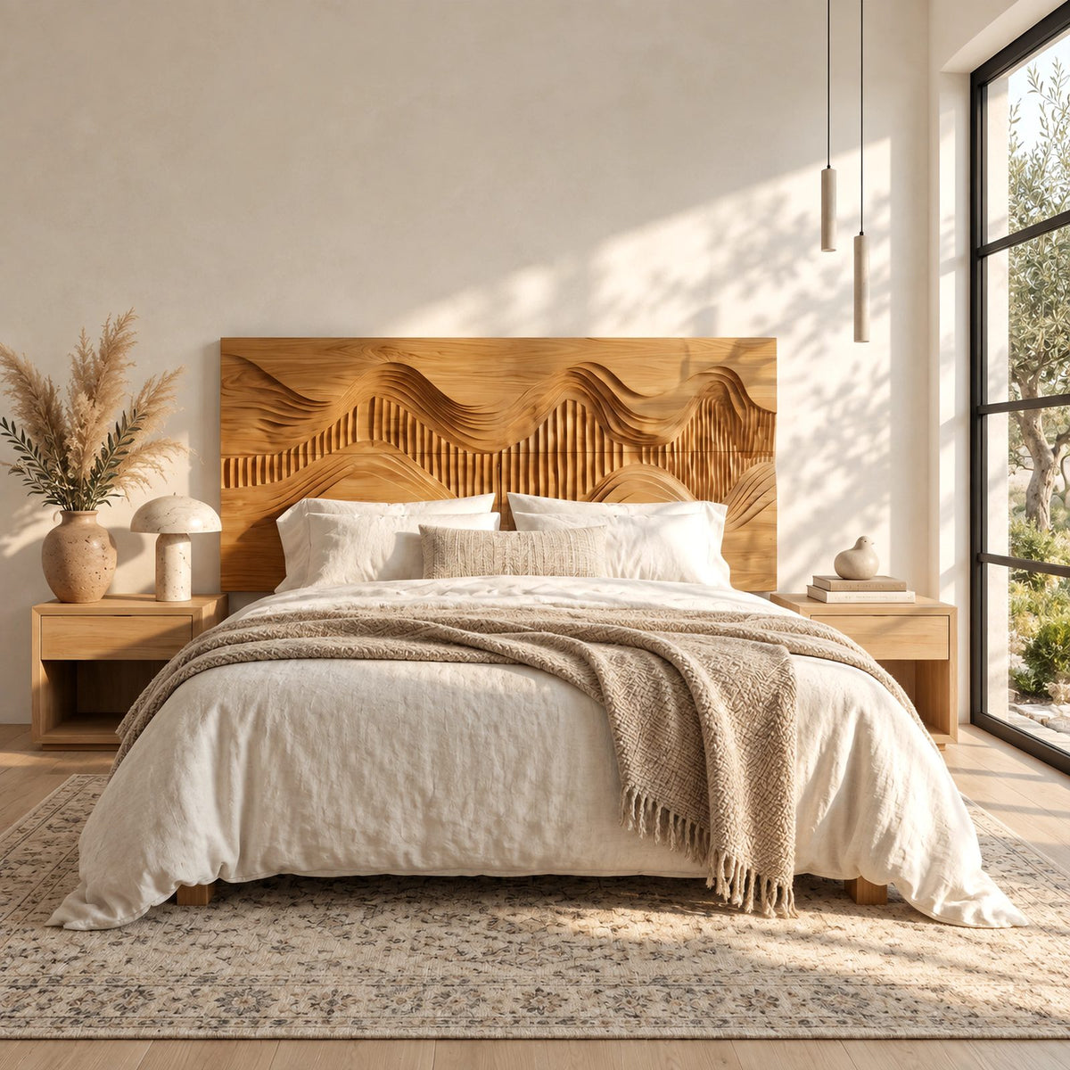 Contemporary Landscape Wooden Headboard With Fluted Hill Relief For Bedroom