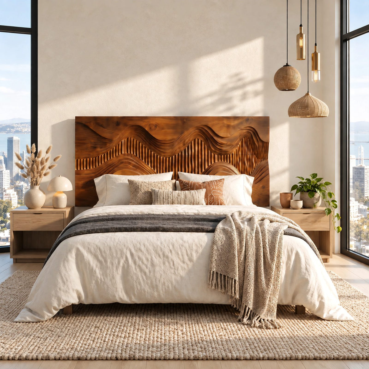 Contemporary Landscape Wooden Headboard With Fluted Hill Relief For Bedroom