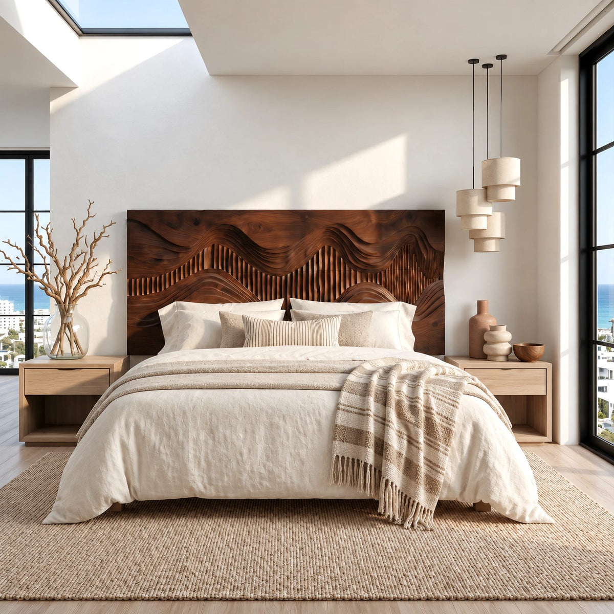 Contemporary Landscape Wooden Headboard With Fluted Hill Relief For Bedroom