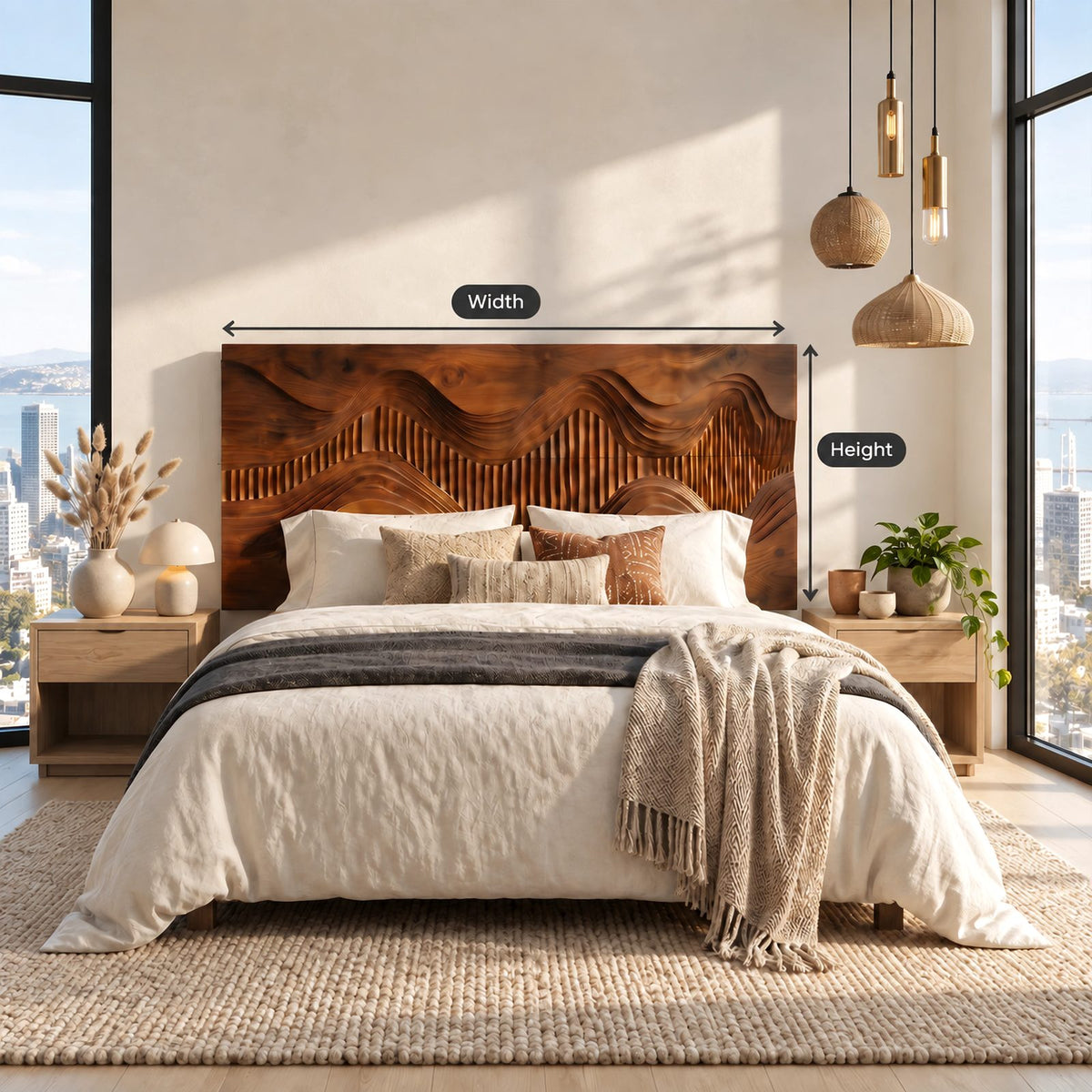 Contemporary Landscape Wooden Headboard With Fluted Hill Relief For Bedroom