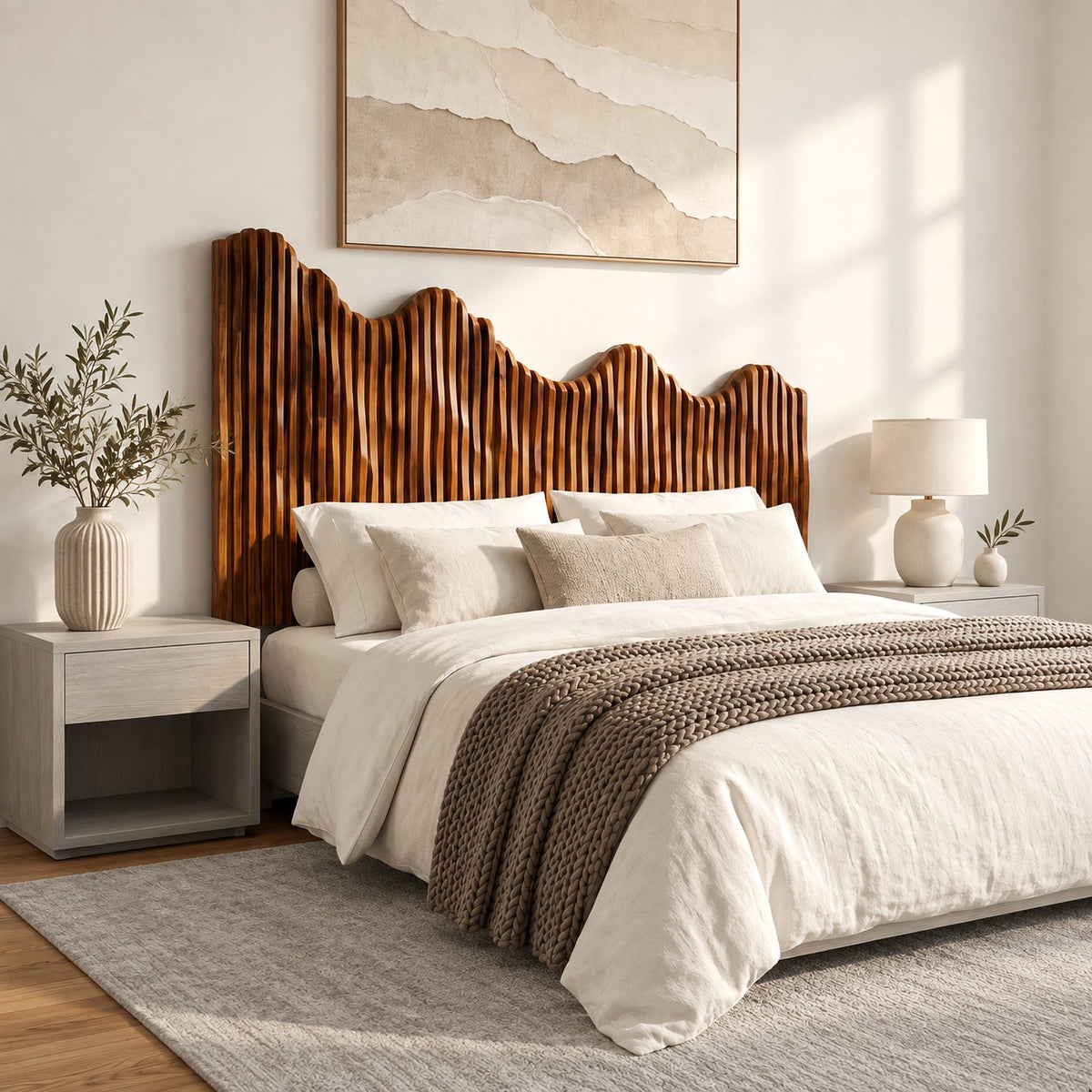 Modern Fluted Wooden Headboard With Wavy Scalloped Top For Bedroom