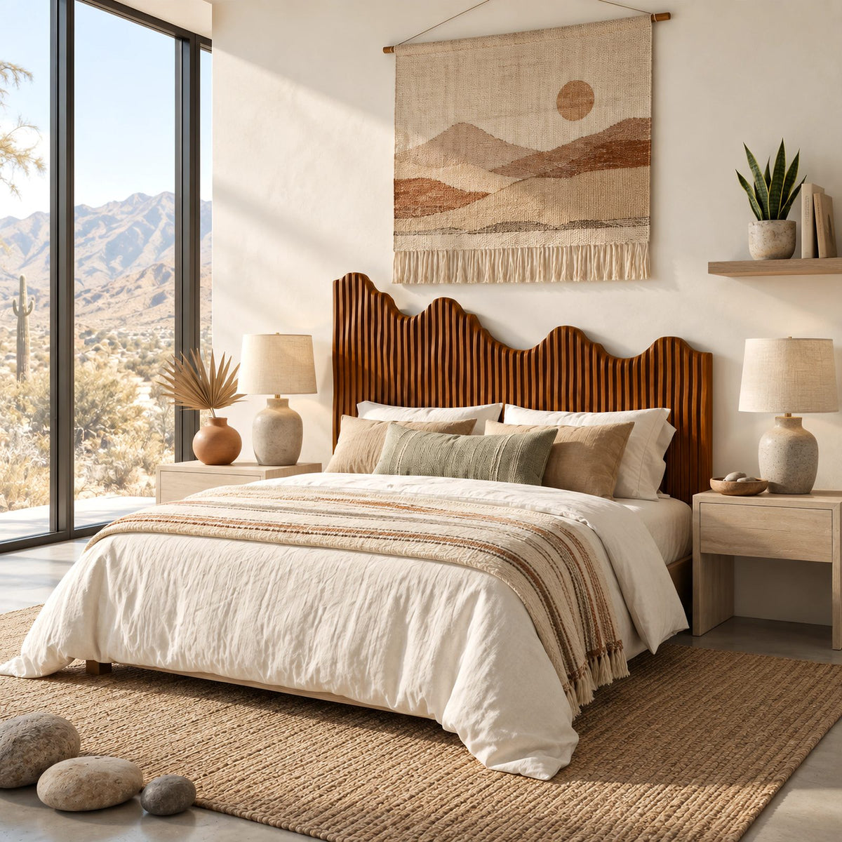 Modern Fluted Wooden Headboard With Wavy Scalloped Top For Bedroom