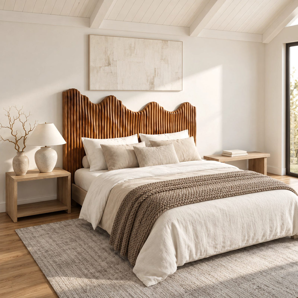 Modern Fluted Wooden Headboard With Wavy Scalloped Top For Bedroom
