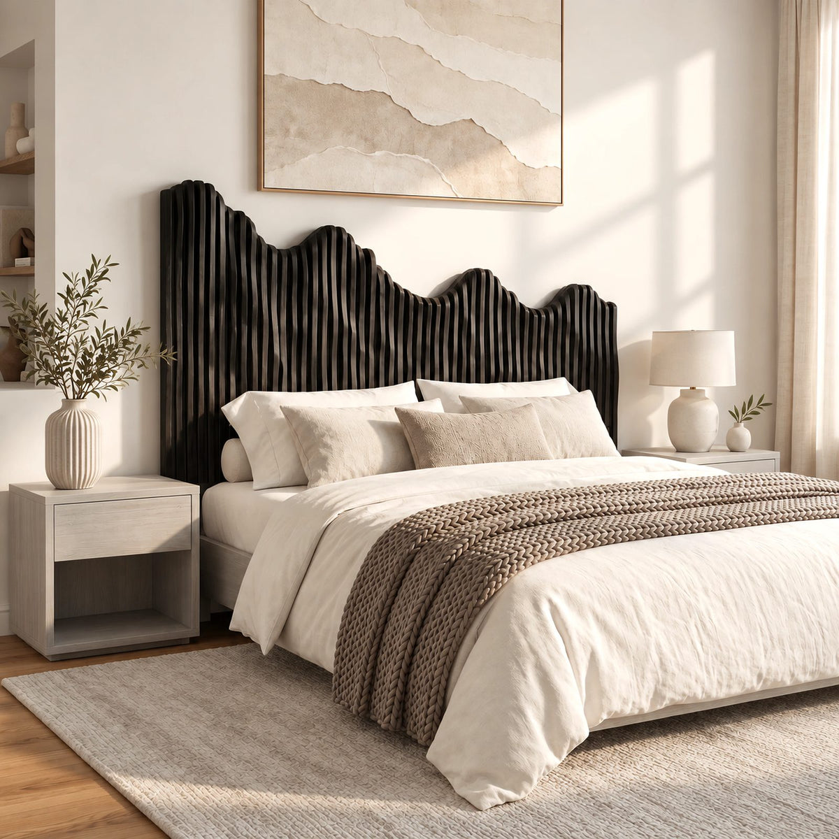 Modern Fluted Wooden Headboard With Wavy Scalloped Top For Bedroom