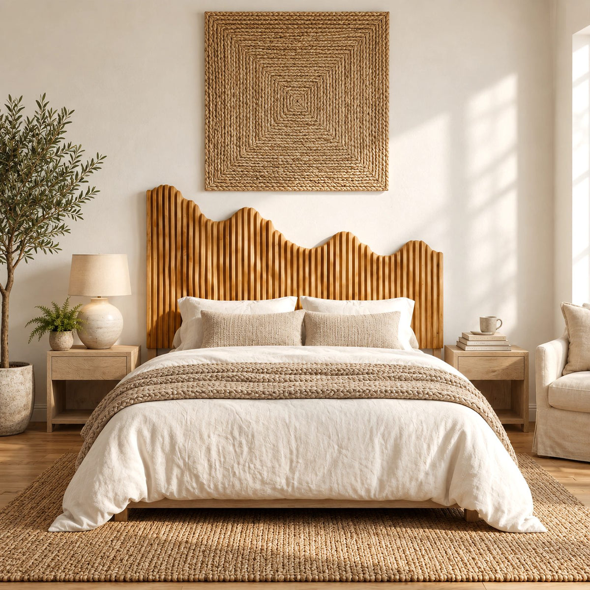 Modern Fluted Wooden Headboard With Wavy Scalloped Top For Bedroom