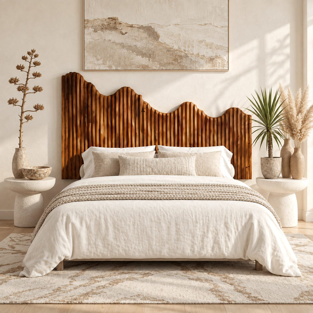 Modern Fluted Wooden Headboard With Wavy Scalloped Top For Bedroom