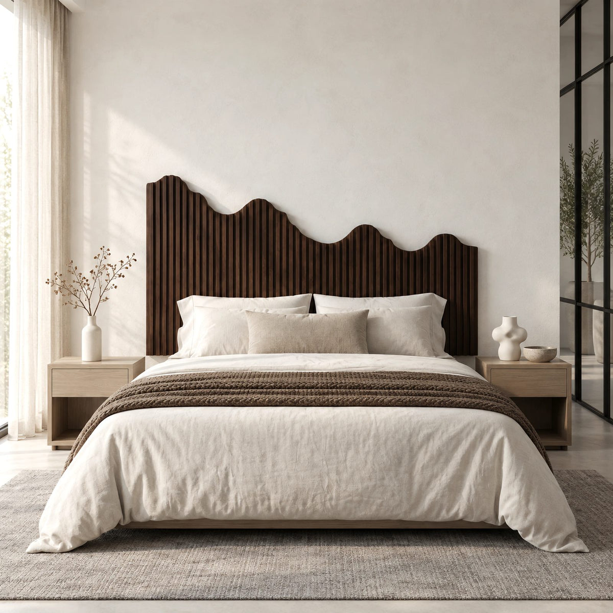 Modern Fluted Wooden Headboard With Wavy Scalloped Top For Bedroom