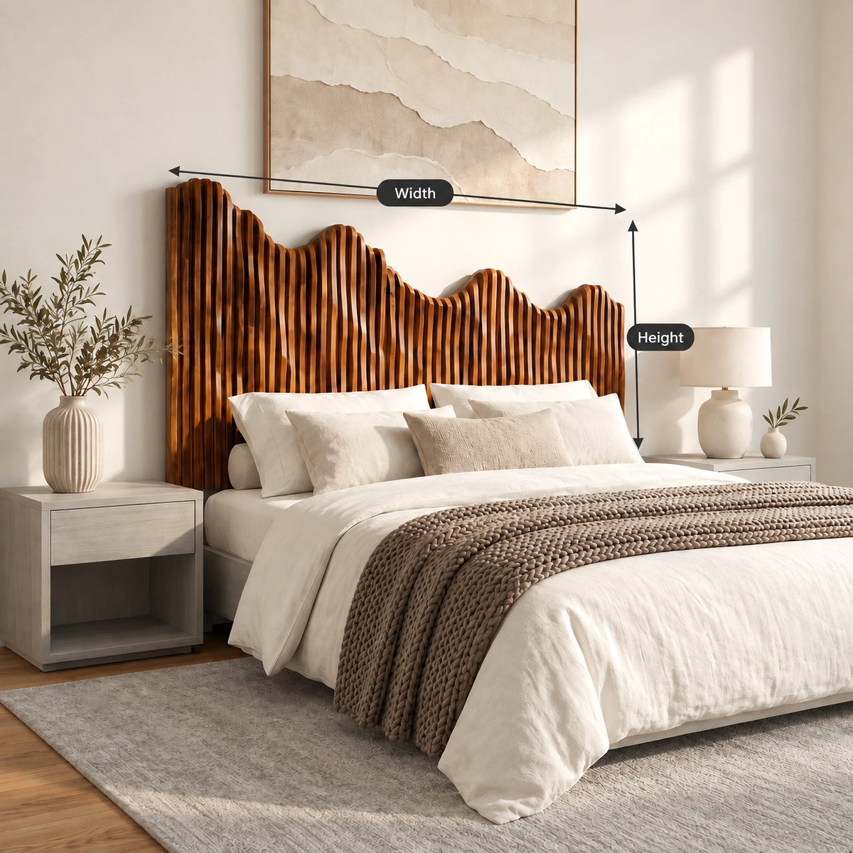 Modern Fluted Wooden Headboard With Wavy Scalloped Top For Bedroom