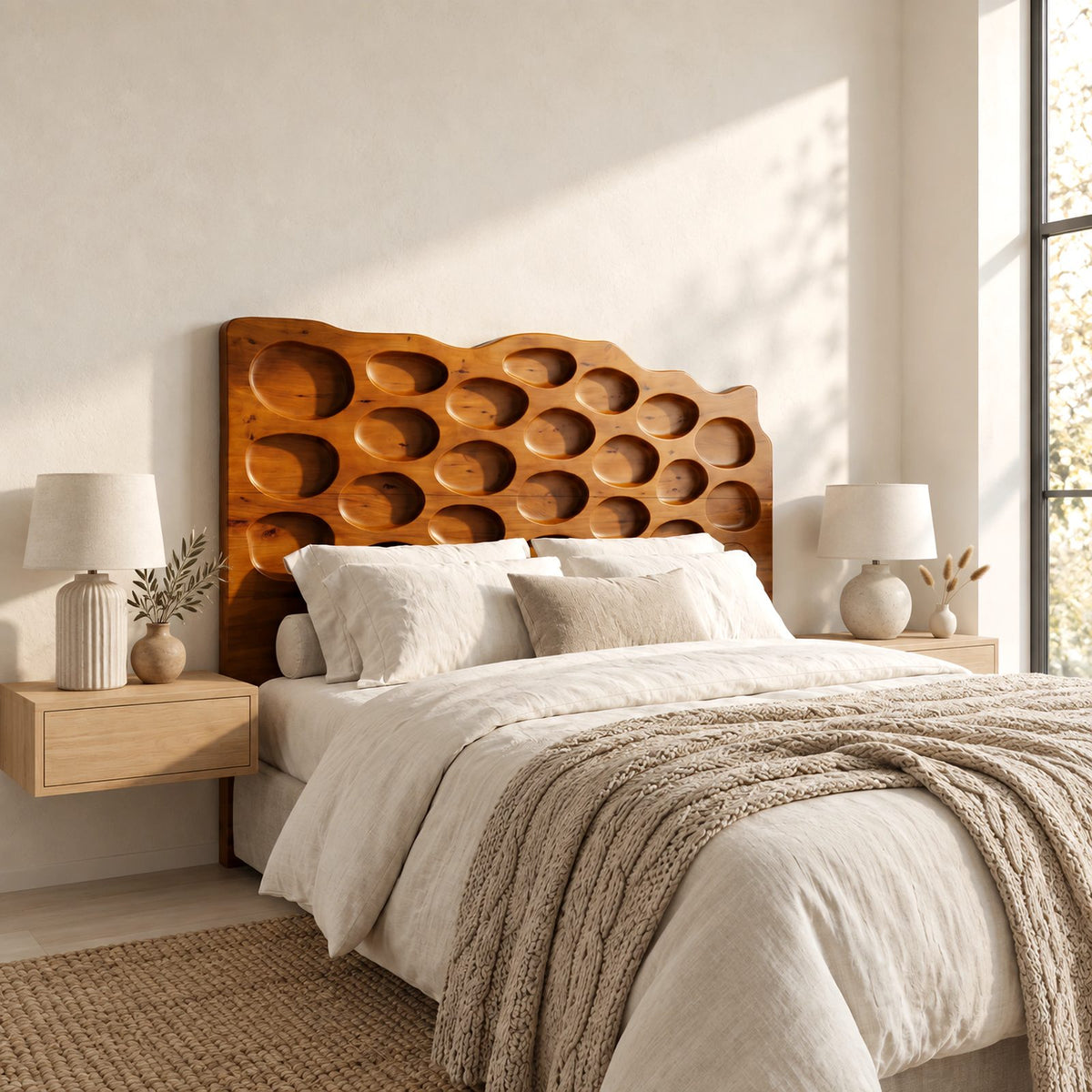 Organic Hand Carved Wood Headboard With Oval Pebble Relief For Bedroom